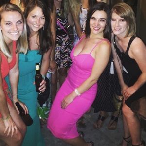 Hot Pink Dress, Lace Up Front, Slight Back Slit